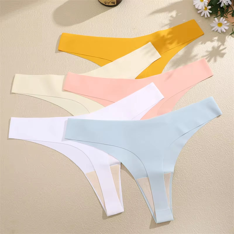 3PCS Women Ice Silk Seamless Underpants Panties Sexy V-Waist Sport Thongs Low Rise 10 Soild Colours Breathable G-String