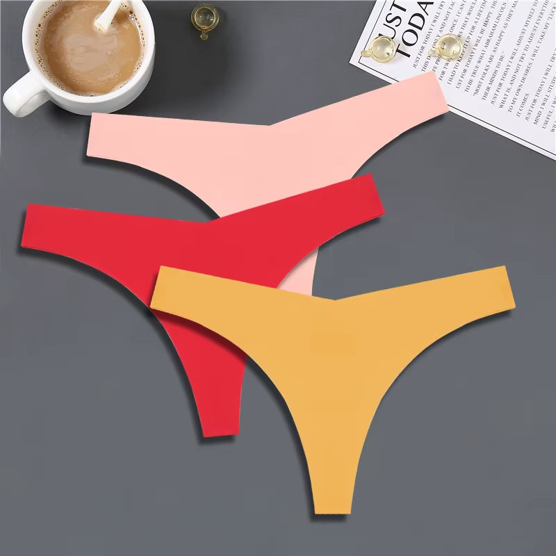 3PCS Women Ice Silk Seamless Underpants Panties Sexy V-Waist Sport Thongs Low Rise 10 Soild Colours Breathable G-String