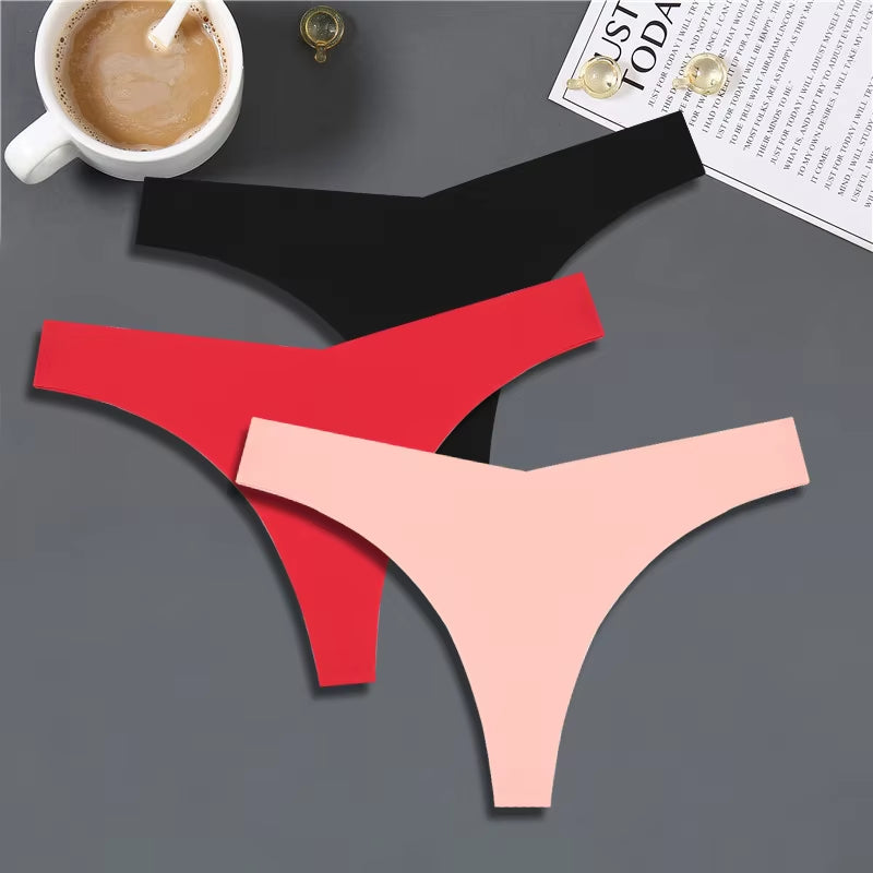 3PCS Women Ice Silk Seamless Underpants Panties Sexy V-Waist Sport Thongs Low Rise 10 Soild Colours Breathable G-String