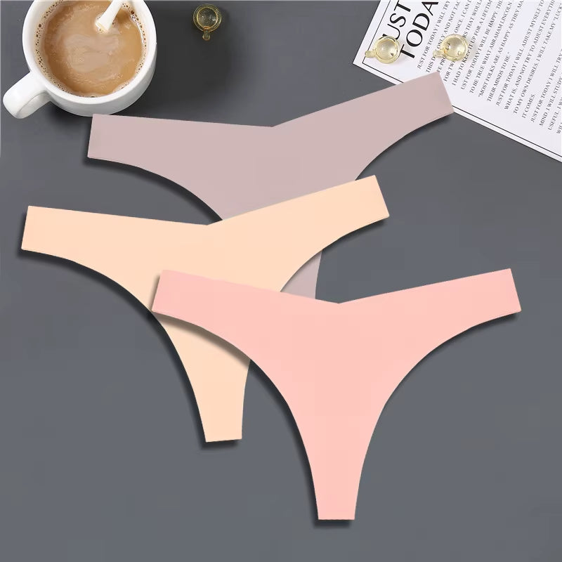 3PCS Women Ice Silk Seamless Underpants Panties Sexy V-Waist Sport Thongs Low Rise 10 Soild Colours Breathable G-String