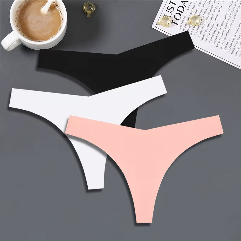 3PCS Women Ice Silk Seamless Underpants Panties Sexy V-Waist Sport Thongs Low Rise 10 Soild Colours Breathable G-String