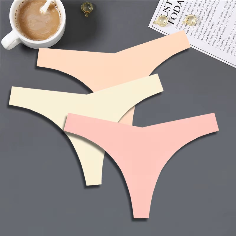 3PCS Women Ice Silk Seamless Underpants Panties Sexy V-Waist Sport Thongs Low Rise 10 Soild Colours Breathable G-String