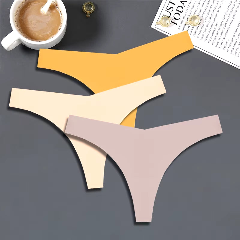 3PCS Women Ice Silk Seamless Underpants Panties Sexy V-Waist Sport Thongs Low Rise 10 Soild Colours Breathable G-String