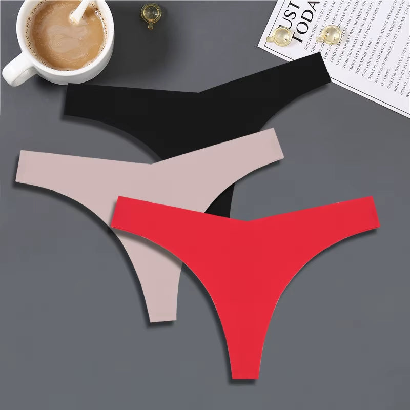 3PCS Women Ice Silk Seamless Underpants Panties Sexy V-Waist Sport Thongs Low Rise 10 Soild Colours Breathable G-String