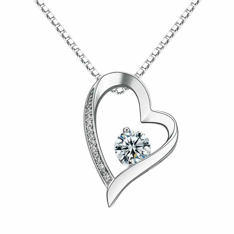 925 Sterling Silver Crystal Heart Pendant Necklace Stud Earrings Womens Gift