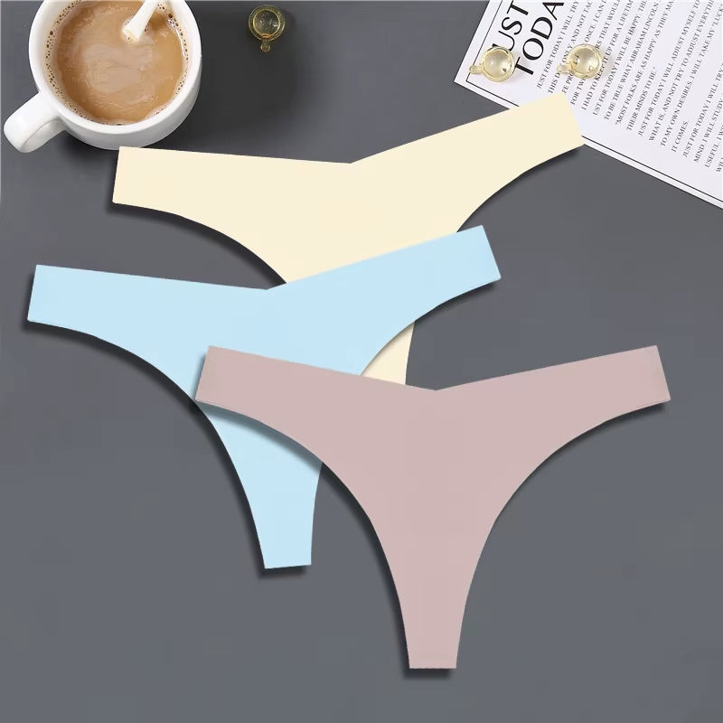 3PCS Women Ice Silk Seamless Underpants Panties Sexy V-Waist Sport Thongs Low Rise 10 Soild Colours Breathable G-String