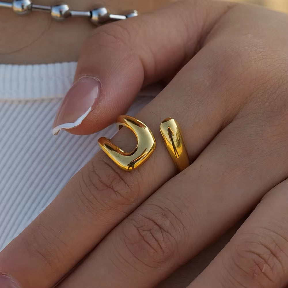 Uworld Stainless Steel Geometric Hollow Layered Wide Ring Metal Texture Waterproof Daily Simple Stylish Golden Jewelry for Women