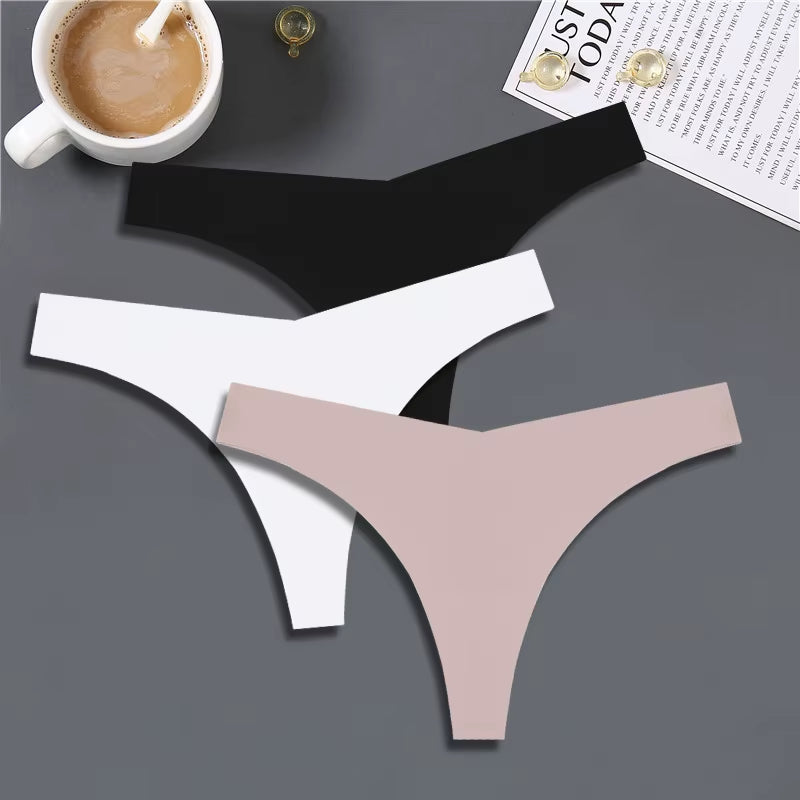 3PCS Women Ice Silk Seamless Underpants Panties Sexy V-Waist Sport Thongs Low Rise 10 Soild Colours Breathable G-String