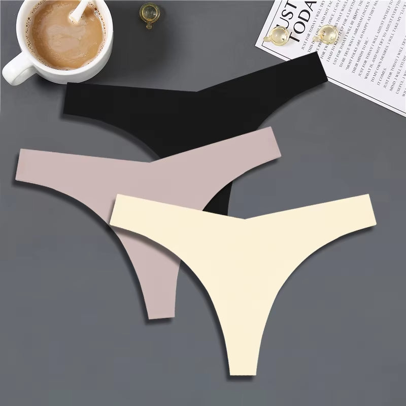 3PCS Women Ice Silk Seamless Underpants Panties Sexy V-Waist Sport Thongs Low Rise 10 Soild Colours Breathable G-String