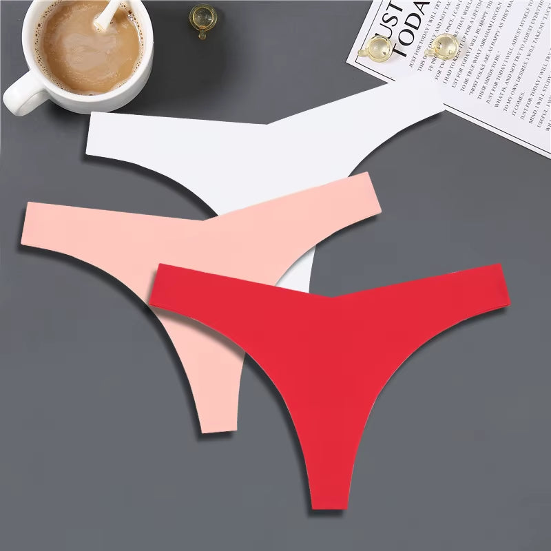 3PCS Women Ice Silk Seamless Underpants Panties Sexy V-Waist Sport Thongs Low Rise 10 Soild Colours Breathable G-String