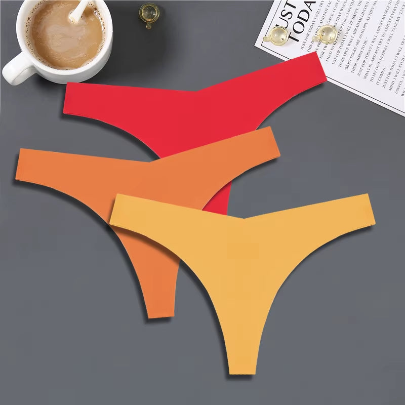 3PCS Women Ice Silk Seamless Underpants Panties Sexy V-Waist Sport Thongs Low Rise 10 Soild Colours Breathable G-String