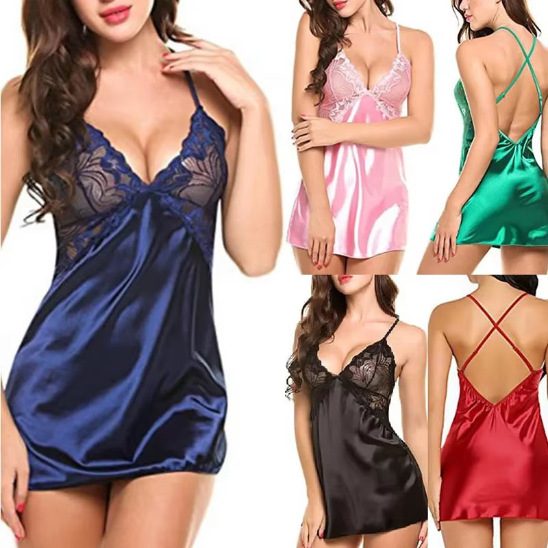 Sexy Nightwear Nighty Sleepwear Lace Patchwork Lingerie for Women Nightgowns Wedding Satin Dress Sleep Wear Erotic Nightdress