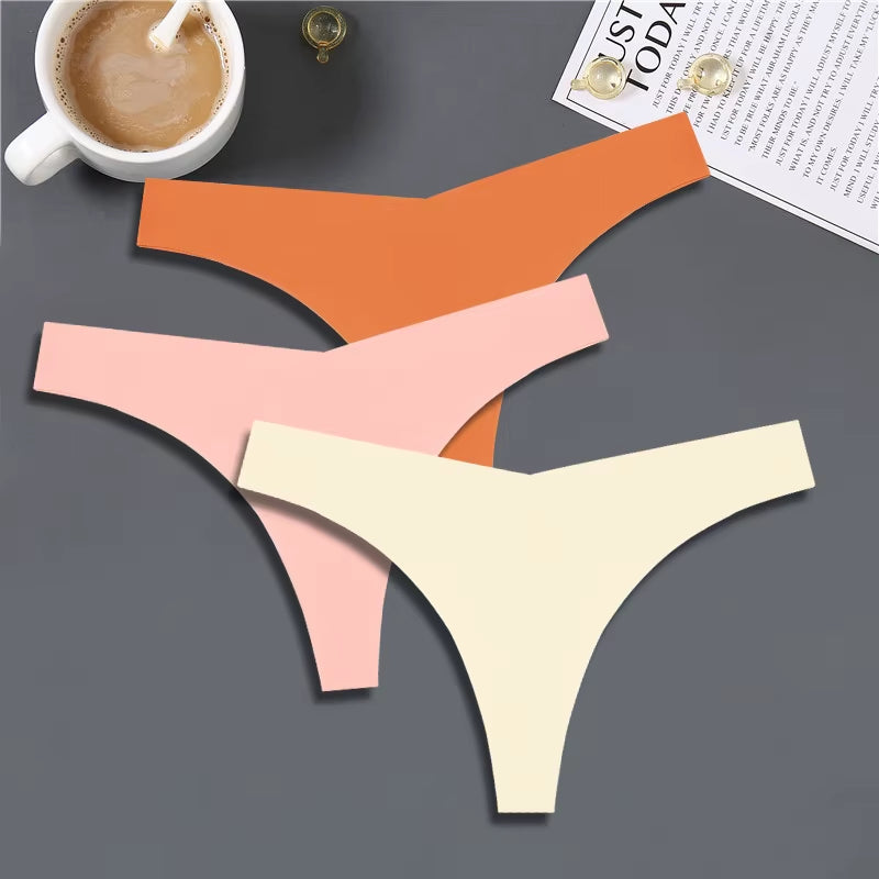 3PCS Women Ice Silk Seamless Underpants Panties Sexy V-Waist Sport Thongs Low Rise 10 Soild Colours Breathable G-String