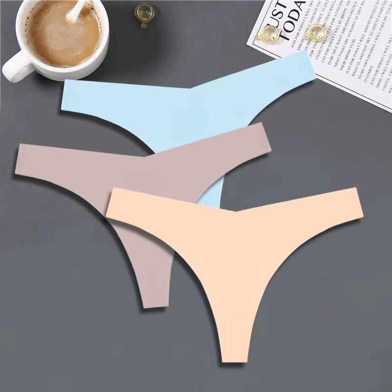 3PCS Women Ice Silk Seamless Underpants Panties Sexy V-Waist Sport Thongs Low Rise 10 Soild Colours Breathable G-String