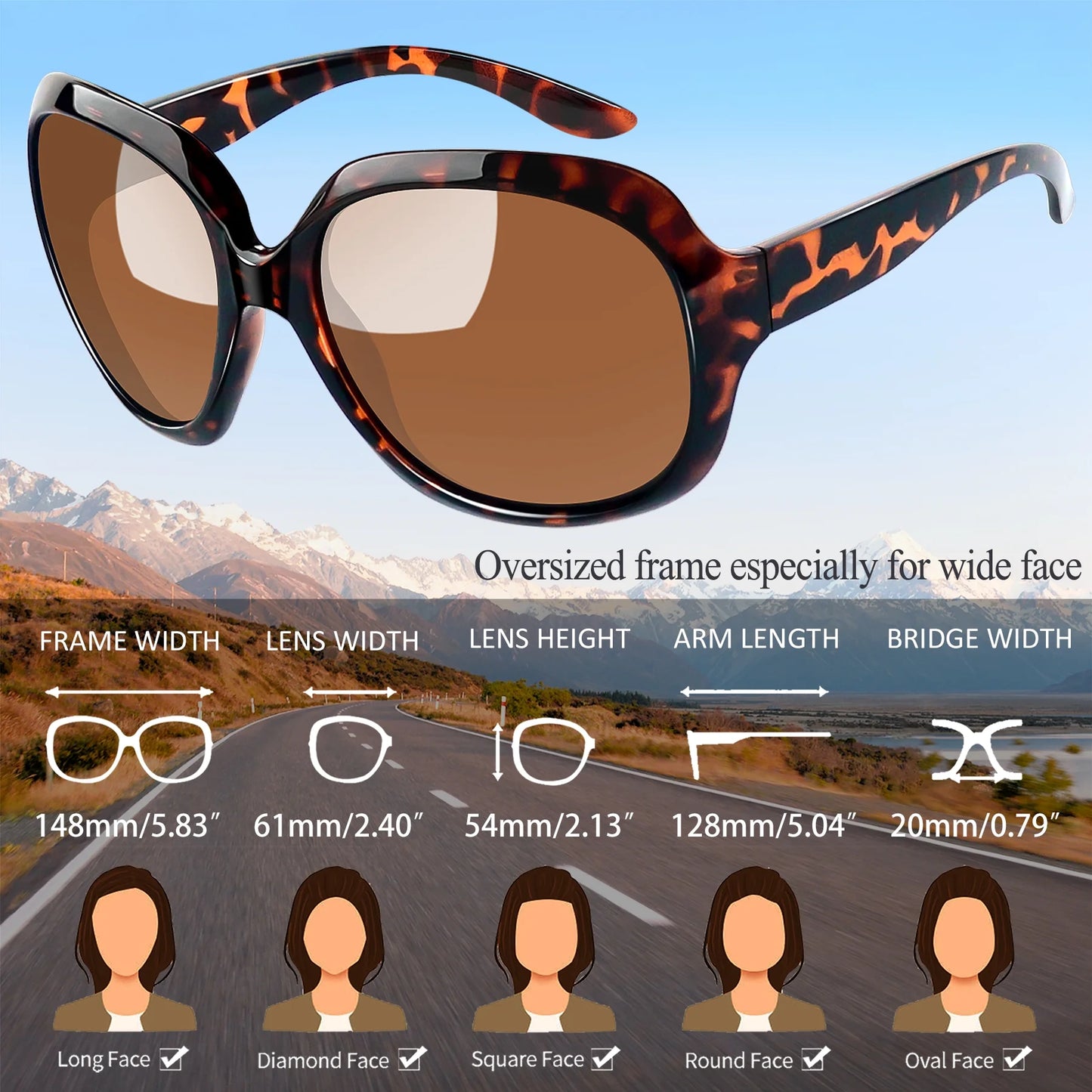 Oversized Polarized Women Sunglasses, Ladies Vintage Big Frame Sun Glasses Shades (Leopard Brown)