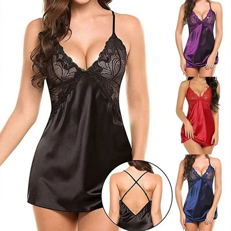 Sexy Nightwear Nighty Sleepwear Lace Patchwork Lingerie for Women Nightgowns Wedding Satin Dress Sleep Wear Erotic Nightdress