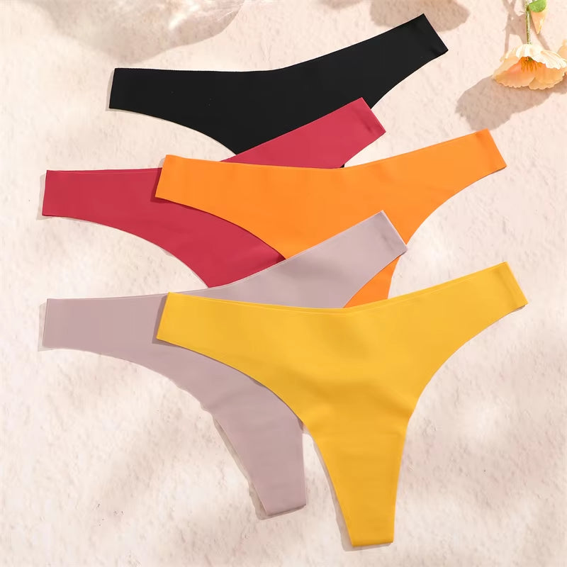 3PCS Women Ice Silk Seamless Underpants Panties Sexy V-Waist Sport Thongs Low Rise 10 Soild Colours Breathable G-String